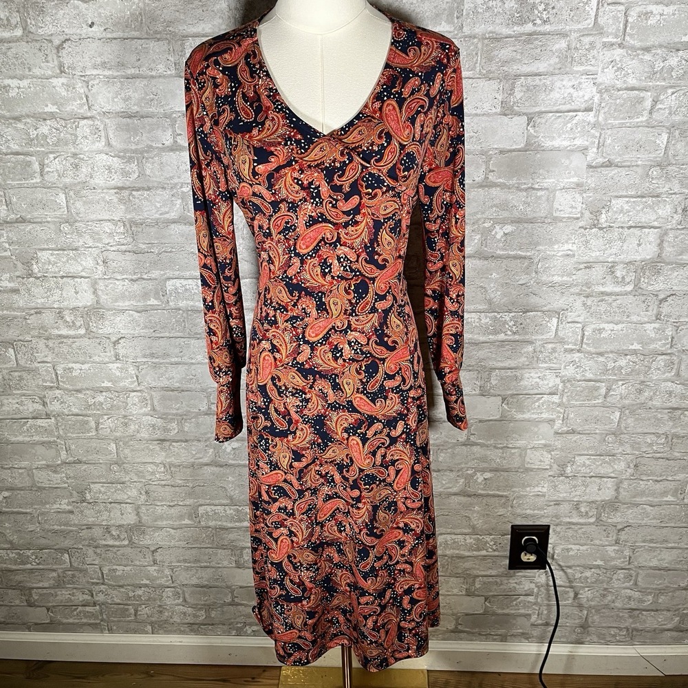 Studio Park Paisley Long Sleeve Faux Wrap MIDI Dress Women's Size Small Petite